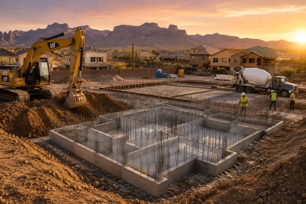 Site preparation and concrete foundation work for a new custom home construction project in Mesa, Arizona by Cowboy's General Construction LLC.